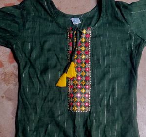 Green Embroidered A-Line Kurti