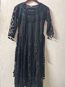 Black Partywear Net Dress With Pompoms