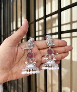 Antique Oxidised Pink Stone Peacock Jhumka Earring