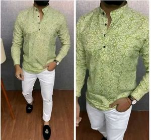 Green Printed Kurta Shirt For Men