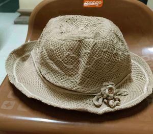 Tan Crochet Sun Hat with Floral Detail