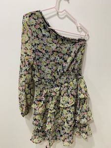 Floral One-Shoulder Ruffle Mini Dress