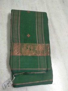 Green Tant Sari With Bronze Gold Border