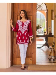 Maroon & White Print  Embroidered Short Kurti
