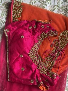 Orange &amp; Pink Net Embroidered Saree