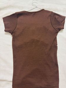 Brown Ribbed V-Neck Top