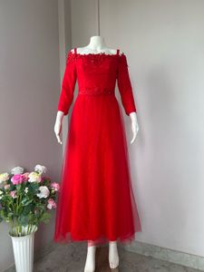 Lace tulle overlay red gown