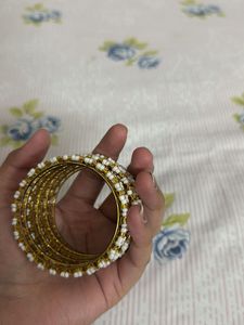 Golden Bangles With White Beads (Set of 4)