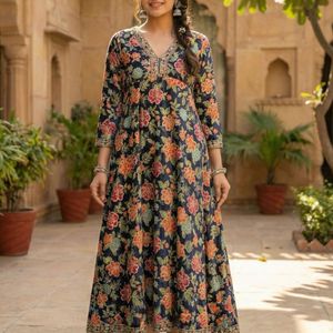 Floral silk Print Ethnic long gown set