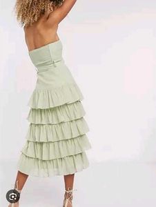 Sage Green Strapless Ruffled Tiered Midi Dress