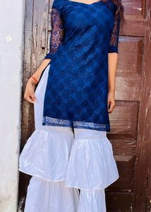 Sharara Set Pure Cotton Dark Blue With White