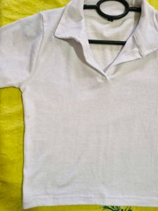 White Ribbed Polo Collared Tee.