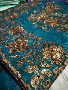 Teal &amp; Gold Embroidered Saree