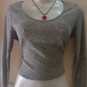 Grey Ribbed Long Sleeve Top