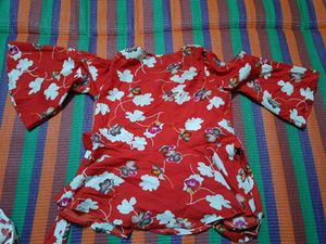 Red Floral Bell Sleeve Top