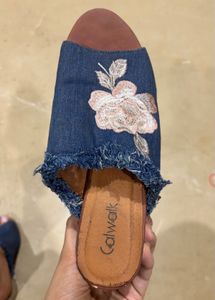 Denim Floral Slides