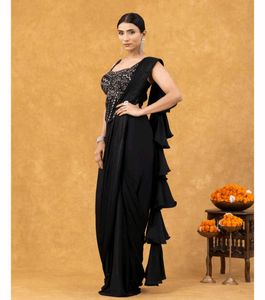 Elegant Black Ruffle Saree 🖤✨