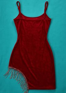 Red Velvet Mini Dress with Fringe