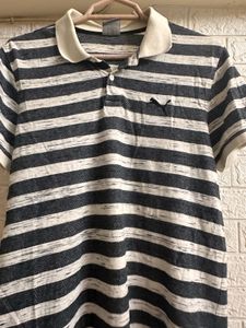 Original Puma Jacqaurd Stripped Polo Neck Grey Tee