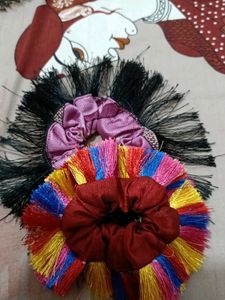 Purple And Creamy, Red Fringe Hair Scrunchies