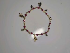 Rose &amp; Leaf Charm Beaded Bracelet Red
