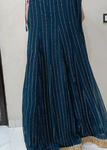 Teal &amp; Gold Embellished Gown Peacock Blue