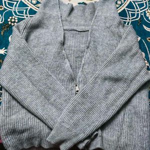 Gray Zip-Up Knit Sweater