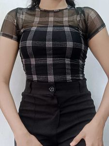 Sheer Mesh Plaid Top