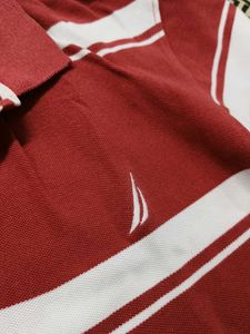 Nautica Men Red Striped Cotton Polo Tshirt