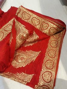 Red &amp; Gold Peacock Feather Saree