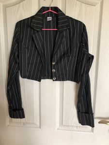 Grey Striped Jacket And Skirt
