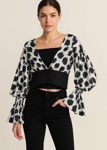 ELEGANT PRINTED TOP WITH FLARED RUFFLE SLEEVES