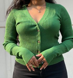 Green Ribbed Knit Cardigan
