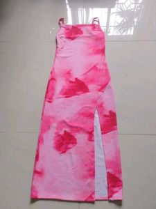 Pink Abstract Print Slit Maxi Dress