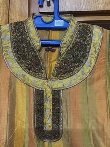 Musturd yellow closed collar anarkali pure silk