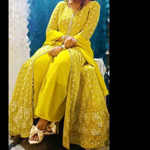 Yellow Festive Suit With Front Slit And Duppata