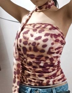 Y2k Animal Leopard Print Tube Top With Scarf