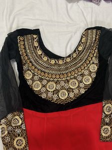 Red &amp; Black Striped Dress with Embroidery