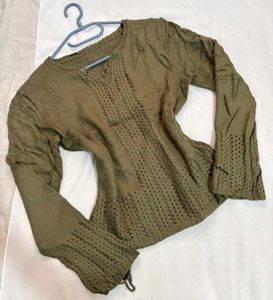 🎁Buy1 Get1 Free Crochet Olive Green Knit Top