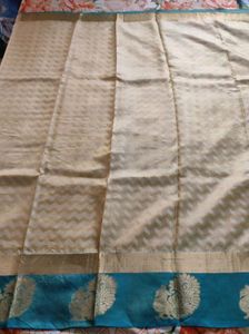 Cream And Blue Pure Silk Saree