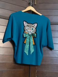 Women's Cute Cat Patch Loose Fit Casual Top