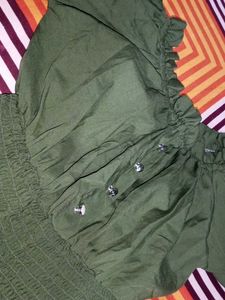 Olive Green Smocked Crop Top For Girls