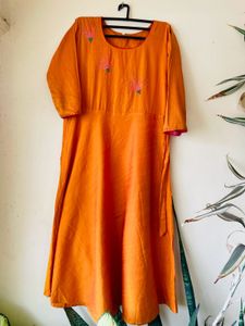 Orange Kurta With Magenta Piping On Sleeves & Neck