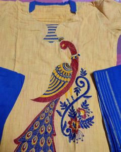 Mango Yellow N Blue Kurta Set Peacock Embroidery