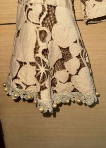 Beige Top With Pearl &amp; Lace Details Styled Sleeves