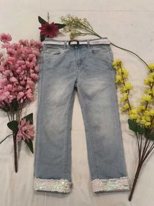 Girls' Light Blue Sequin Cuff Jeans with Belt