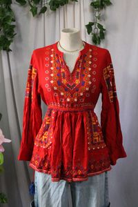 Red Embroidered Peasant Top