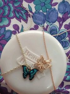 Rose Gold Bow &amp; Teal Butterfly Necklace Set