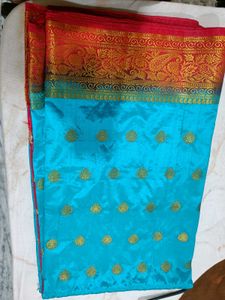 Silk Saree - Red & Turquoise