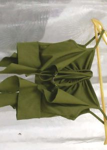 Olive Green Tie-Front Crop Top